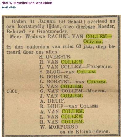 Overlijden Rachel van Collem-Olivier