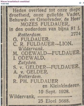 Overlijden vader van Mietje Odewald-Fuldauer
