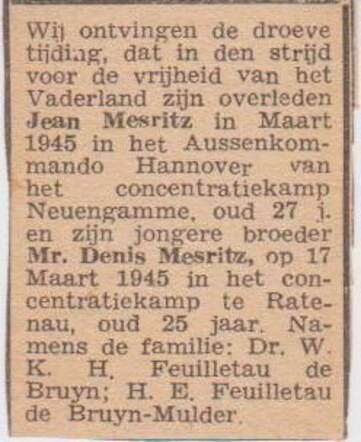 Overlijdensadvertentie Jean Mesritz