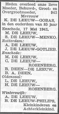 overlijdensadvertentie K.de Leeuw-Gobas