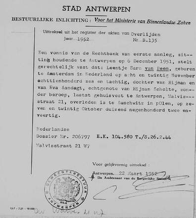 Overlijdensakte Leentje Sara Van Beem, Lena Scholte van beem