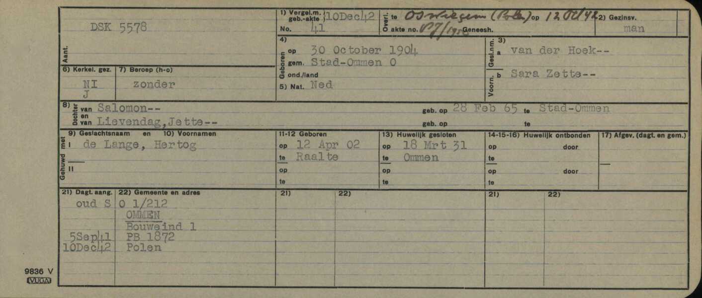 Persoonskaart Sara Zette van der Hoek