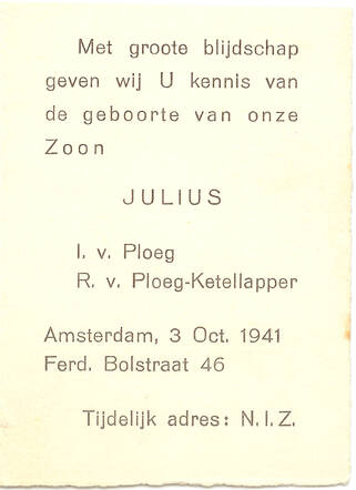 Birth announcement of Juda (Julius) van Ploeg