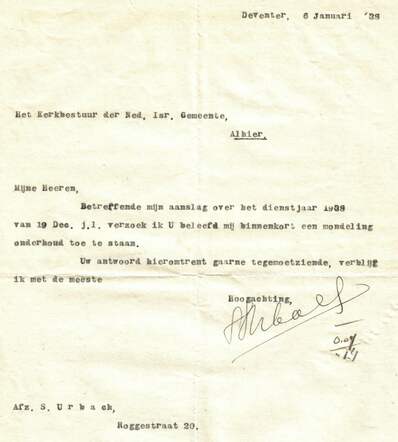 Brief S.Urbach 6-1-1938 aan kerkbestuur