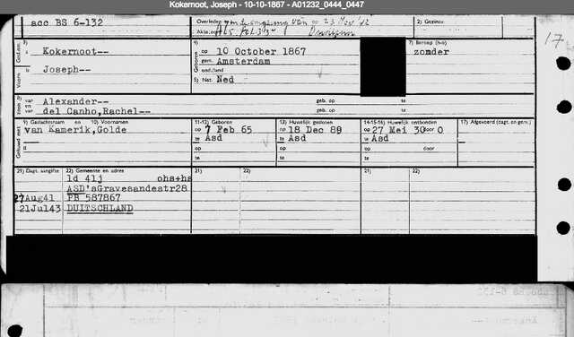 SAA Archiefkaart Joseph Kokernoot 10-10-1867  23-11-1942