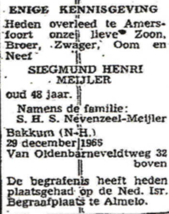 Overlijdensbericht Siegmund Meijler