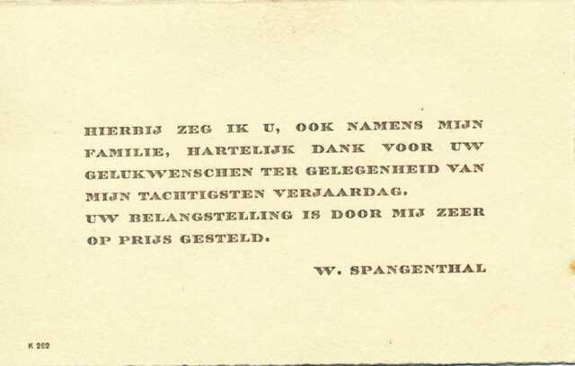 Dankbericht n.a.v. tachtigste verjaardag Wolf Spangenthal