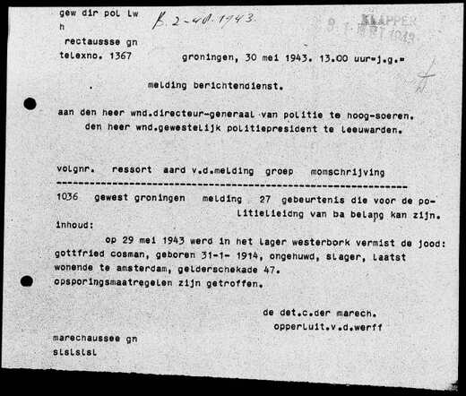 Telex over de ontsnapping van Gottfried Cosman