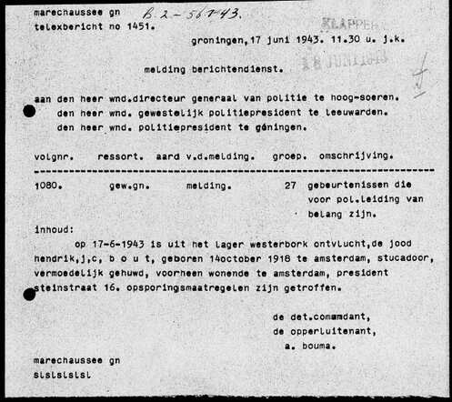 Telex over de ontsnapping van Hendrik Bout