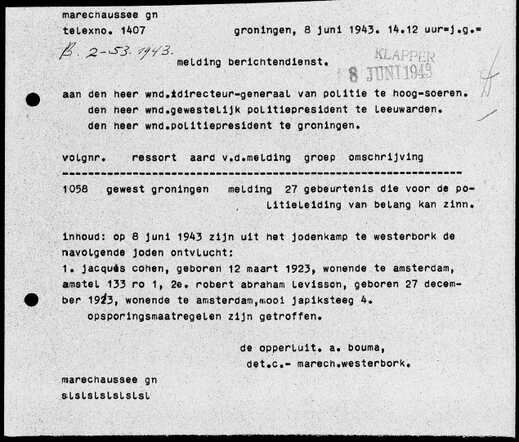 Telex over de ontsnapping van Jacques Cohen
