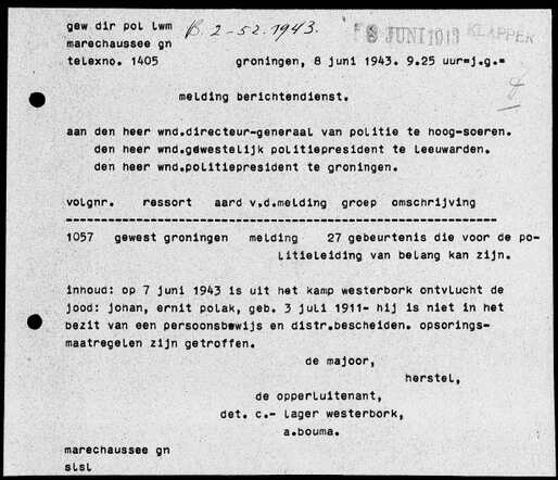 Telex over de ontsnapping van Johan Ernst Polak