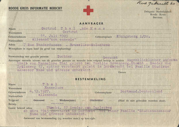Information request at the Red Cross about  the fate Hannelore Thal, made by her foster-parents