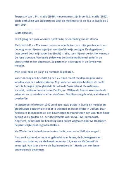 Toespraak Louk Israëls 7 april 2014