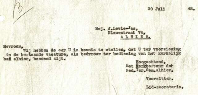 Verklaring voor J. Levie-Jas aanstelling als badvrouw 20-7-1942