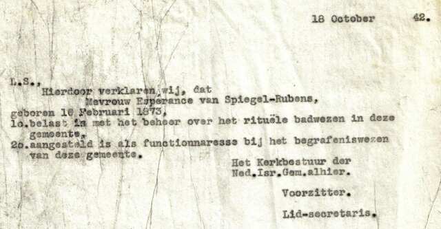 Verklaring voor E.van Spiegel-Rubens 18-10-1942