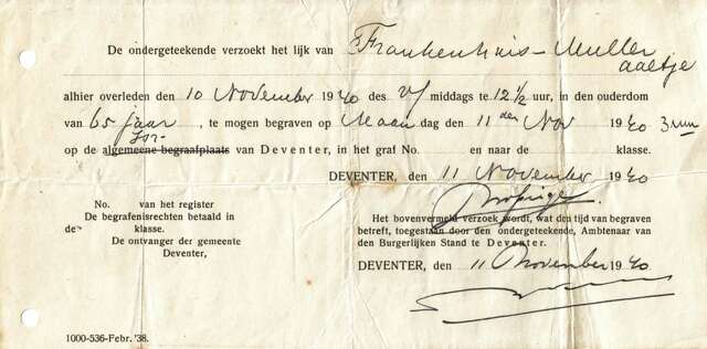Verklaring gemeente om Aaltje Frankenhuis-Muller te mogen begraven 11-11-1940