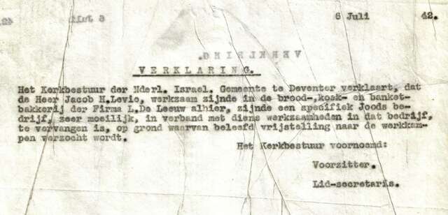Verklaring voor Jacob Levie onmisbaarheid in bakkerij 6-7-1942