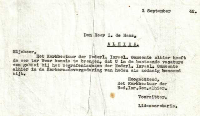 Verklaring kerkbestuur benoeming I. de Haas als gabbai 1-9-1942