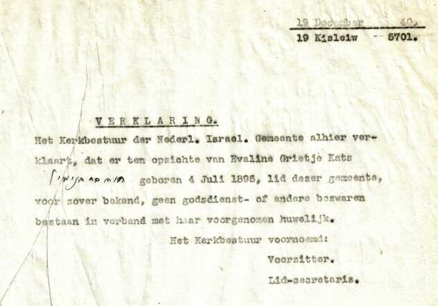 Verklaring kerkbestuur over Evaline Grietje Kats 19-12-1940
