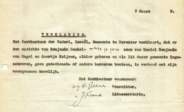 Verklaring kerkbestuur ivm huwelijk B.D. van Engel 9-3-1939