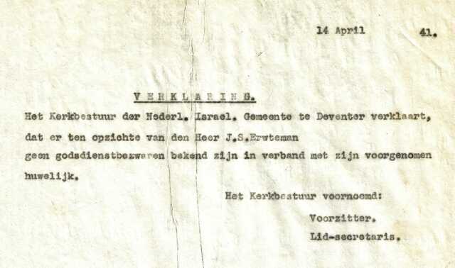 Verklaring kerkbestuur J.S. Erwteman 14-4-1941 geen bezwaren tegen huwelijk