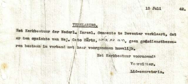 Verklaring voor Mej. Cato Härtz 13-7-1942 van kerkbestuur