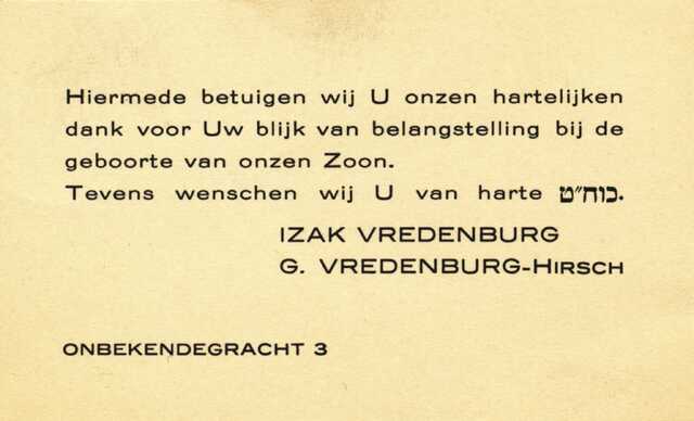 Dankbericht n.a.v. geboorte Samuel Vredenburg