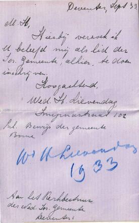 Wed. H.Lievendag aan kerkbestuur over lidmaatschap september 1933