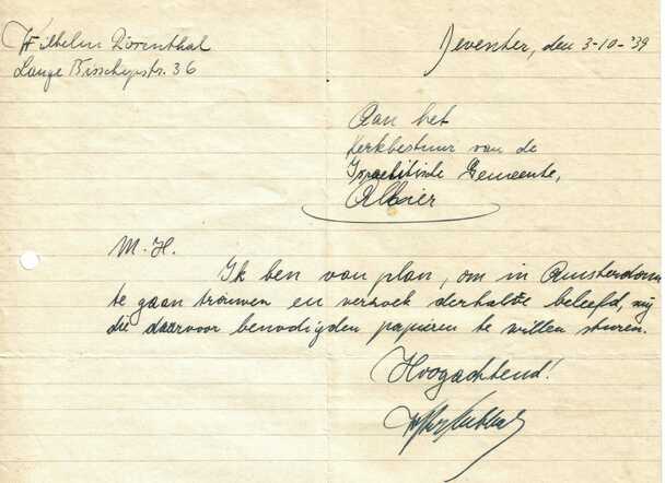 Brief Wilhelm Rosenthal aan kerkbestuur over huwelijk  3-10-1939