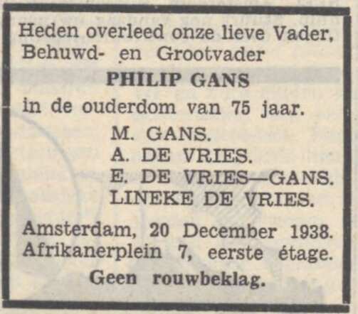 Overlijden van Philip Gans.