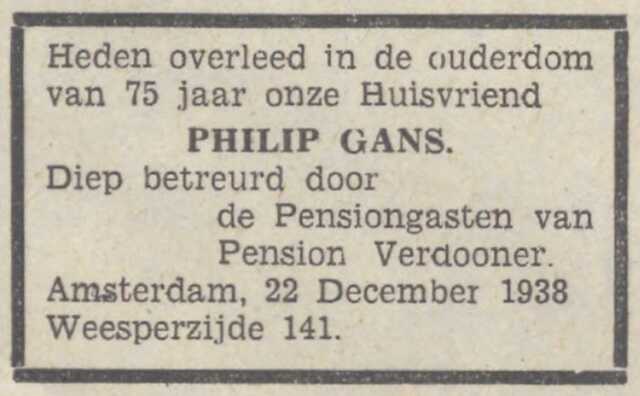Overlijden Philip Gans op 22 12 1938?