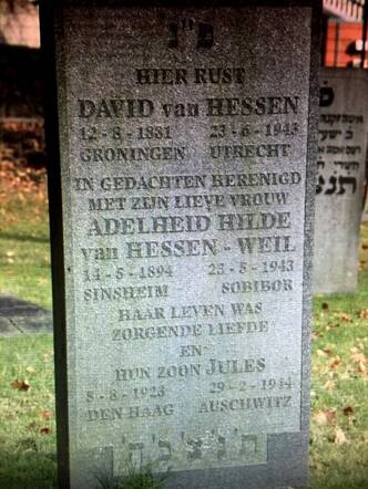 Tombstone for  David van Hessen at the Jewish Cemetery at Zandpad in Utrecht.