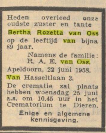 Overlijdensbericht Bertha Rozetta van Oss,  Algemeen Handelsblad dd 24-06-1958