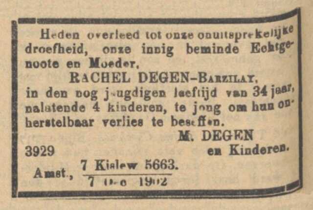 Overlijdensadvertentie Rachel Barzilaij (1868-1902)