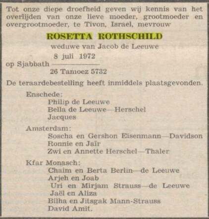 Overlijdensadvertentie Rosetta Rothschild