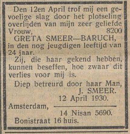 Overlijdensadvertentie door Jacob Smeer voor zijn vrouw Grete Smeer-Baruch Henriques