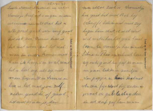Een brief van 18 April 1943 van Jacob Smeer aan zijn vrouw.