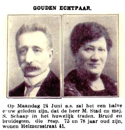 Huwelijksjubileum echtpaar M.S.  Stad-Schaap 1935.