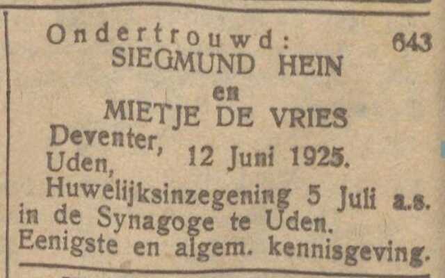Siegmund Hein en Mietje de Vries trouwen 12-06-1925 Nieuw Israelietisch weekblad.JPG