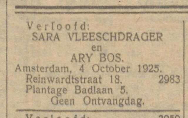 1925 NIW 2 oktober 1925 verloving Ary Bos en Sara Vleeschdrager Reinwardstr 18 - Plantage Badlaan 5.jpg