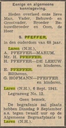 Obituary for Salomon Pfeffer in the Algemeen Handelsblad of 8 Sept 1941