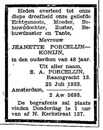 1933 familieadvertentie overlijden Schoontje (Jeanette) Porcelijn-Konijn .jpg