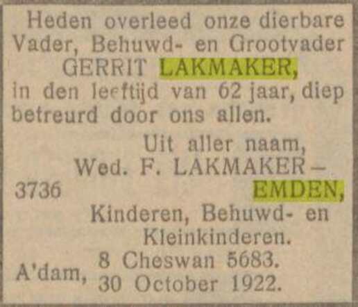 NIW 3-11-1922 overlijden Gerrit Lakmaker.jpg