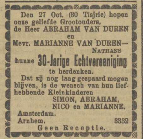 1916 Abraham van Duren en Marianne=Marianna Nathans 30 jaar getrouwd NIW 18 okt 1916.jpg