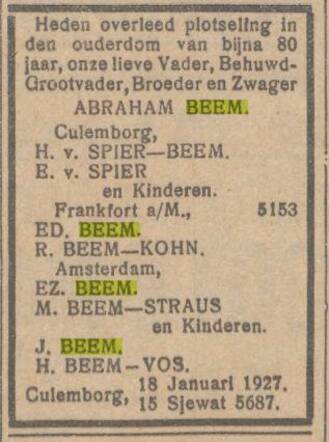 Abraham Ezechiel Beem 1847-1927 Overlijdensbericht.jpg