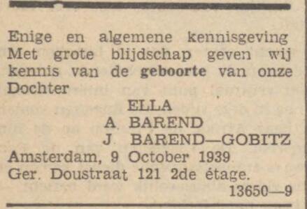 8 Zaans Volksblad geboorte Ella 11-10-1939.jpg