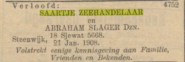 24-1-1908, NIW verloving Saartje Zeehandelaar en Abraham Slager.jpg