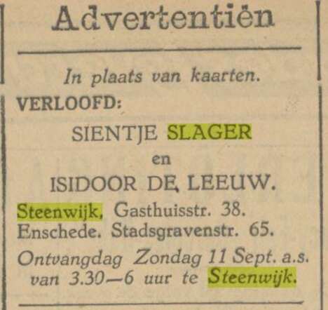7-9-1927, Sientje Slager en Isodoor de Leeuw, Twentsch dagblad Tubantia en Enschedesche courant.jpg