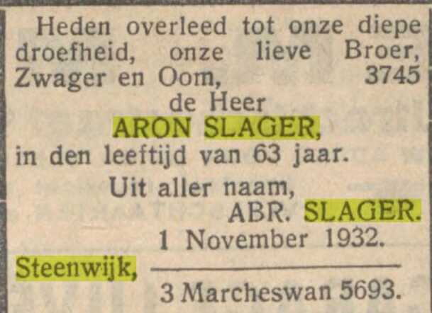 11-11-1932, NIW overlijden Aron Slager, 63 jaar.jpg