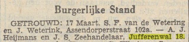 20 17-3-1942, Pr. Ov. Zw. c. getrouwd Jufferenwal 18 Jacoba Sara Zeehandelaar en André Jozeg Heijmans.jpg